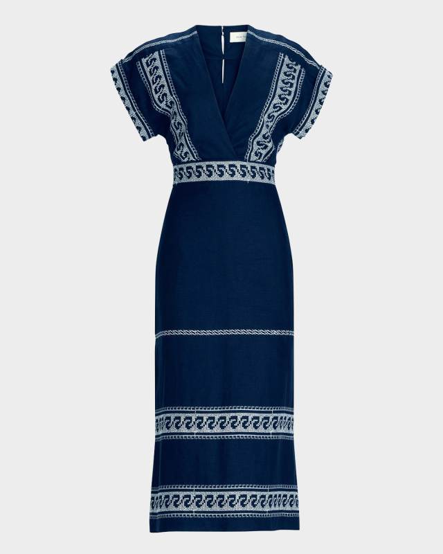 Ady Embroidered Linen Short-Sleeve Midi Dress
